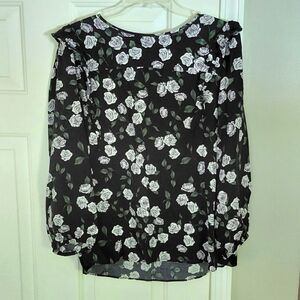 Loft Floral Ruffle Black White Roses Office Party Dress Shirt.  Size Large.